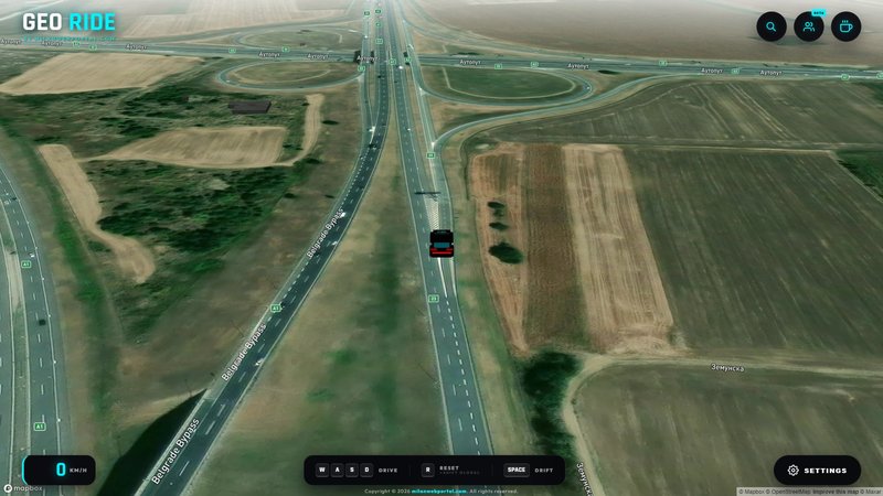 Satellite and streets hybrid map view in GEO Ride 3D driving simulator